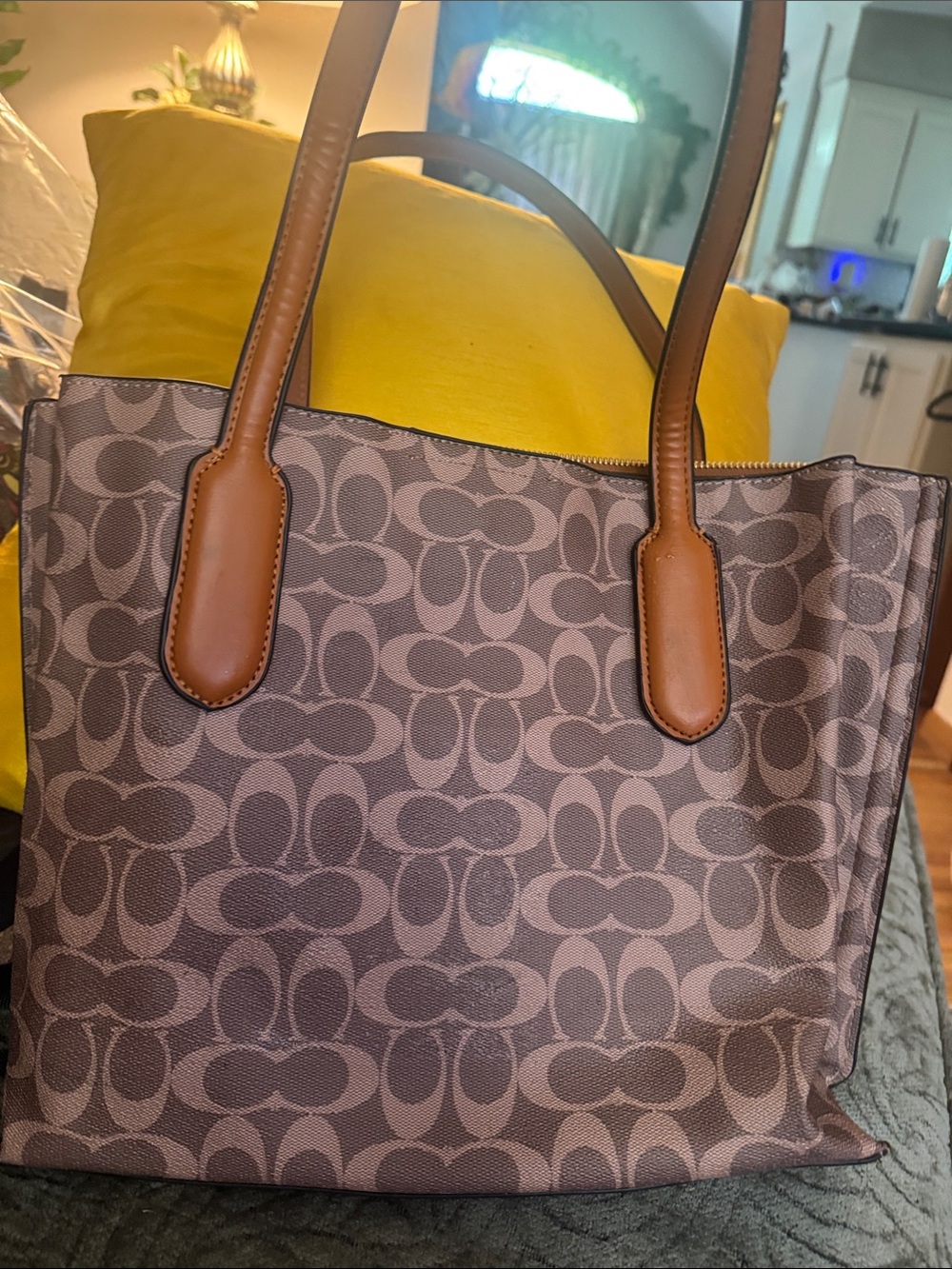 Coach Brown Signature Canvas Tote with Tan Leather Handles
